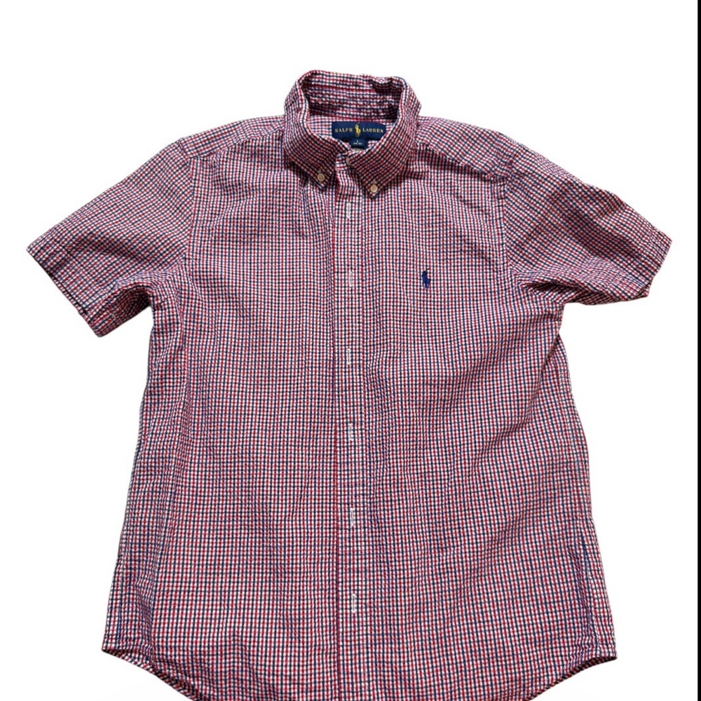 Ralph Lauren Red Blue Gingham Short-Sleeve Button-Down Shirt 14/16 Large